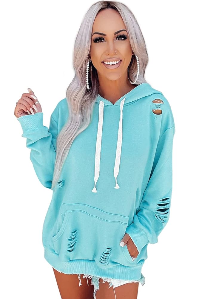 Women Fall Fashion Solid Ripped Hoodie Sweatshirt Casual